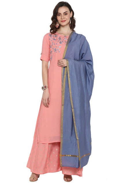 Pink & Blue Embroidered Muslin Kurti Palazzo Set