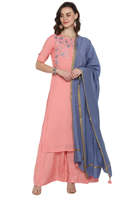 Pink & Blue Embroidered Muslin Kurti Palazzo Set