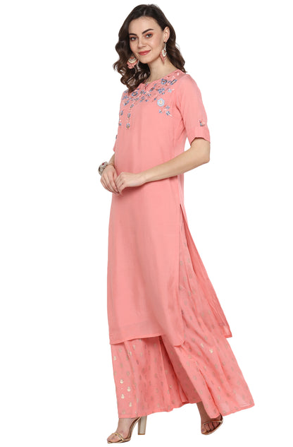 Pink & Blue Embroidered Muslin Kurti Palazzo Set