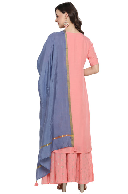 Pink & Blue Embroidered Muslin Kurti Palazzo Set