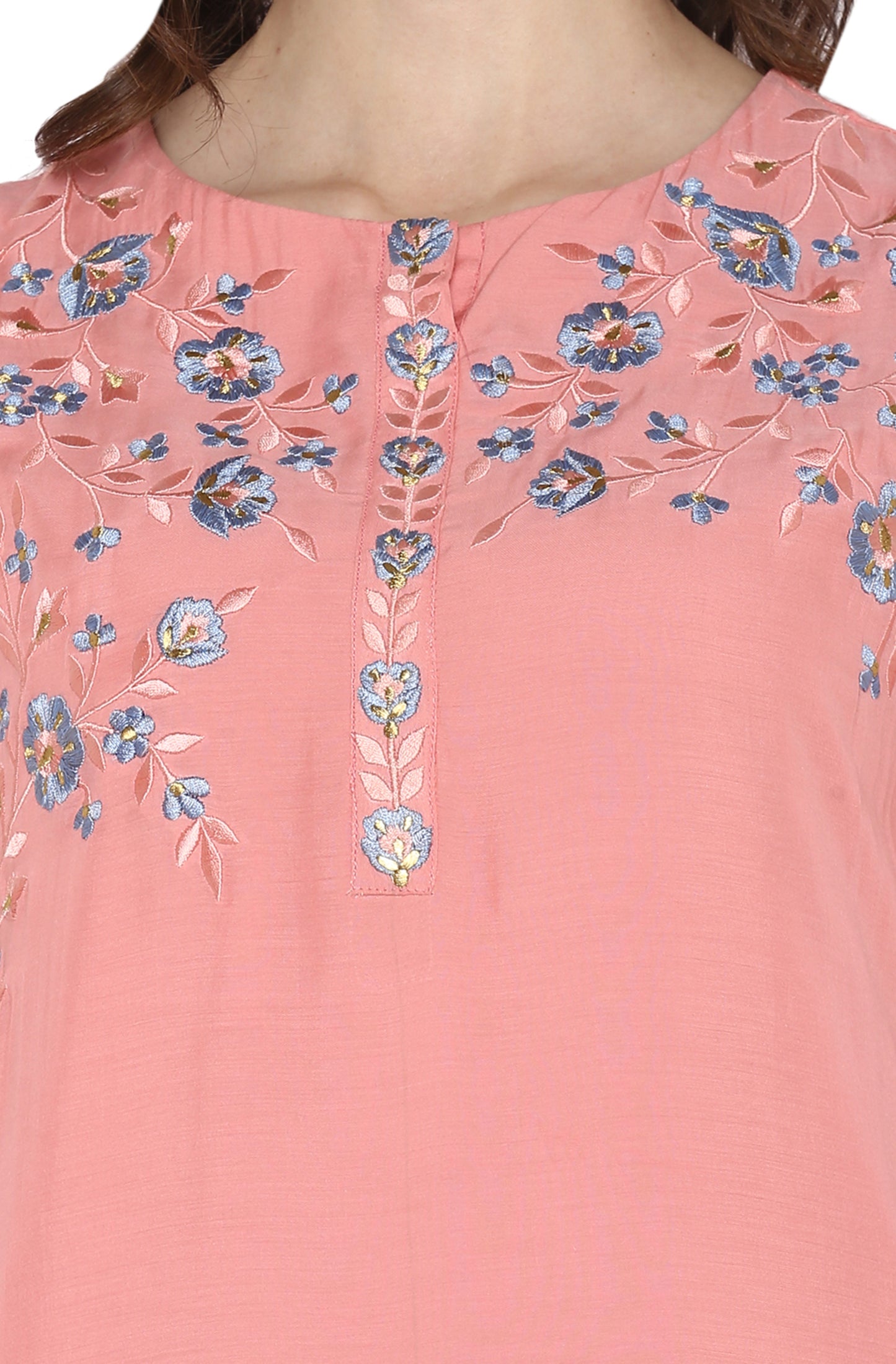 Pink & Blue Embroidered Muslin Kurti Palazzo Set