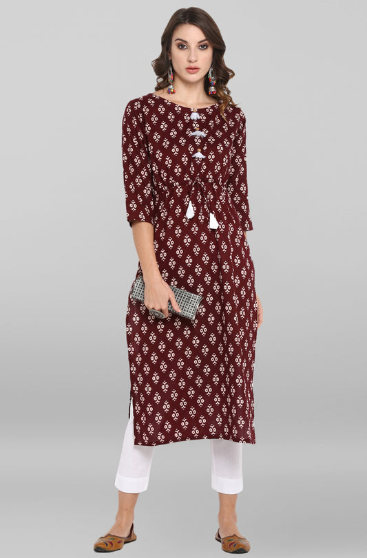 Deep Maroon Block Printed Cotton Kurti Top