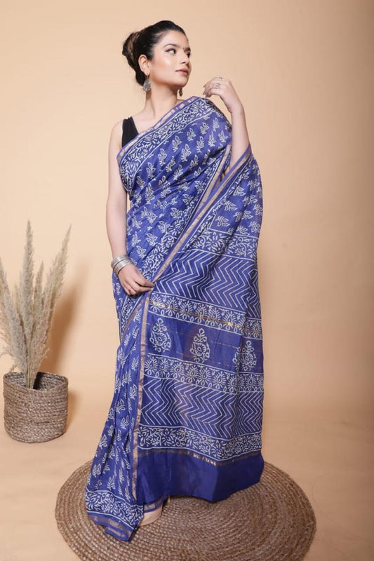 Royal Blue Pure Chanderi  Saree