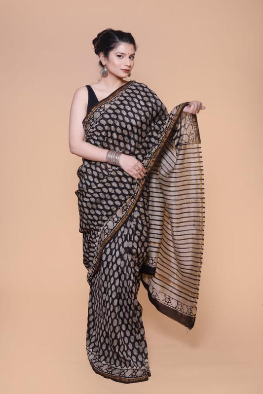 Black  Pure Chanderi Silk Saree