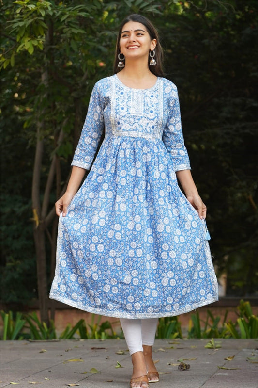 Blue Naira Cut Cotton Kurti Top With Yoke Embroidery work