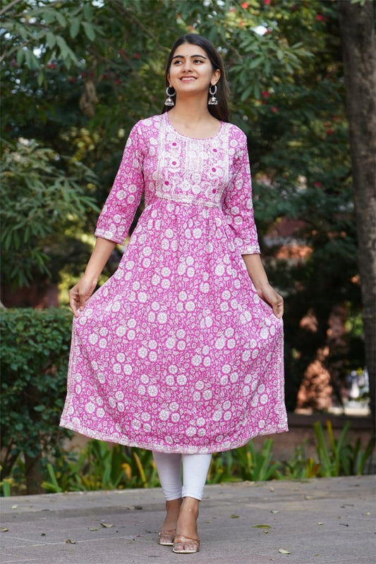 Pink Naira Cut Cotton Kurti Top With Yoke Embroidery work