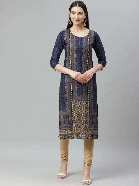 Navy Blue Gold Foil Printed Cotton Kurta (Top only)