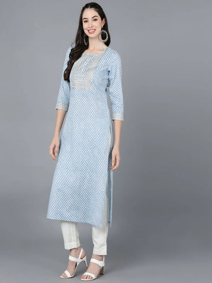 Light Blue Lehariya cotton Kurti with Zari Embroidery work (Top Only)