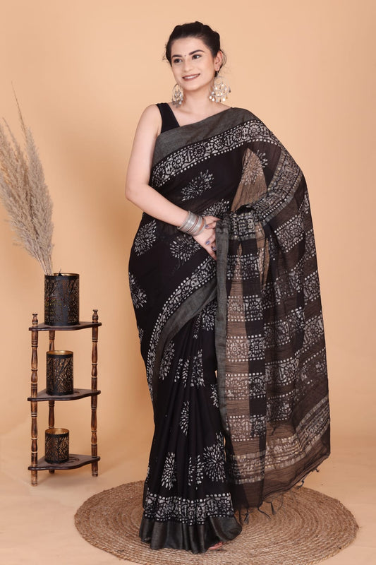 Black Hand Block Printed Linen Cotton Saree