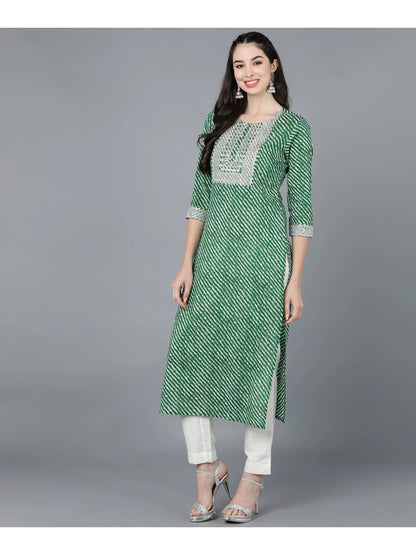 Green Lehariya cotton Kurti with Zari Embroidery work (Top Only)