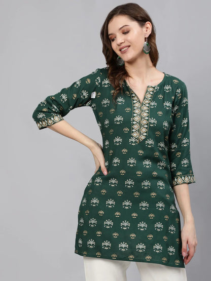 Green Gold Printed Rayon short kurti Top