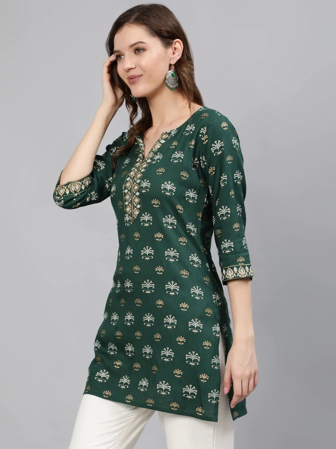 Green Gold Printed Rayon short kurti Top