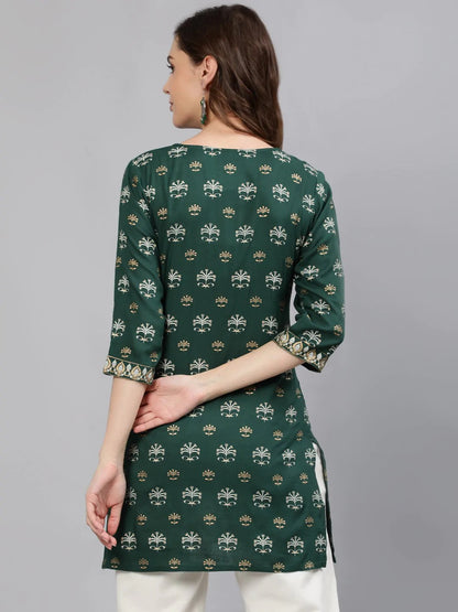 Green Gold Printed Rayon short kurti Top