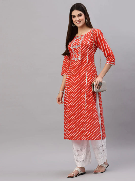 Orange Red Lehariya Printed Cotton Kurti With Embroidery Work