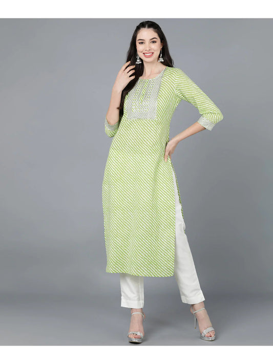 Light Green Lehariya cotton Kurti with Zari Embroidery work (Top Only)