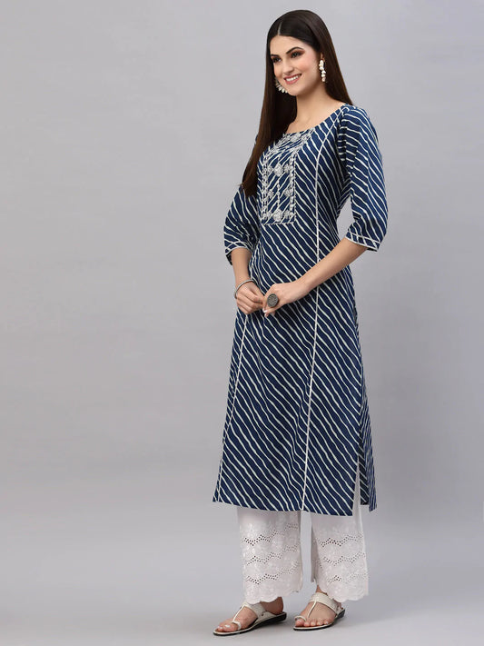 Blue Lehariya Printed Cotton Kurti Top