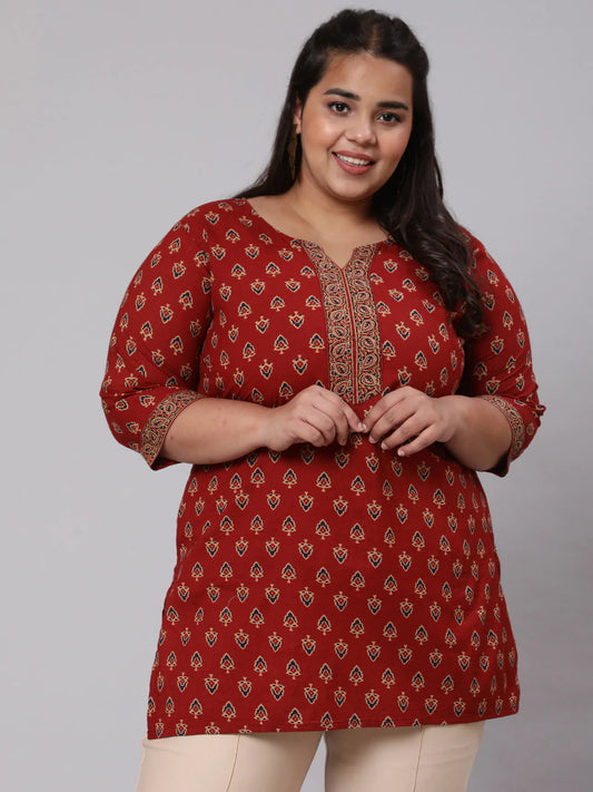 Maroon Ethnic Printed Cotton Short Kurti Top