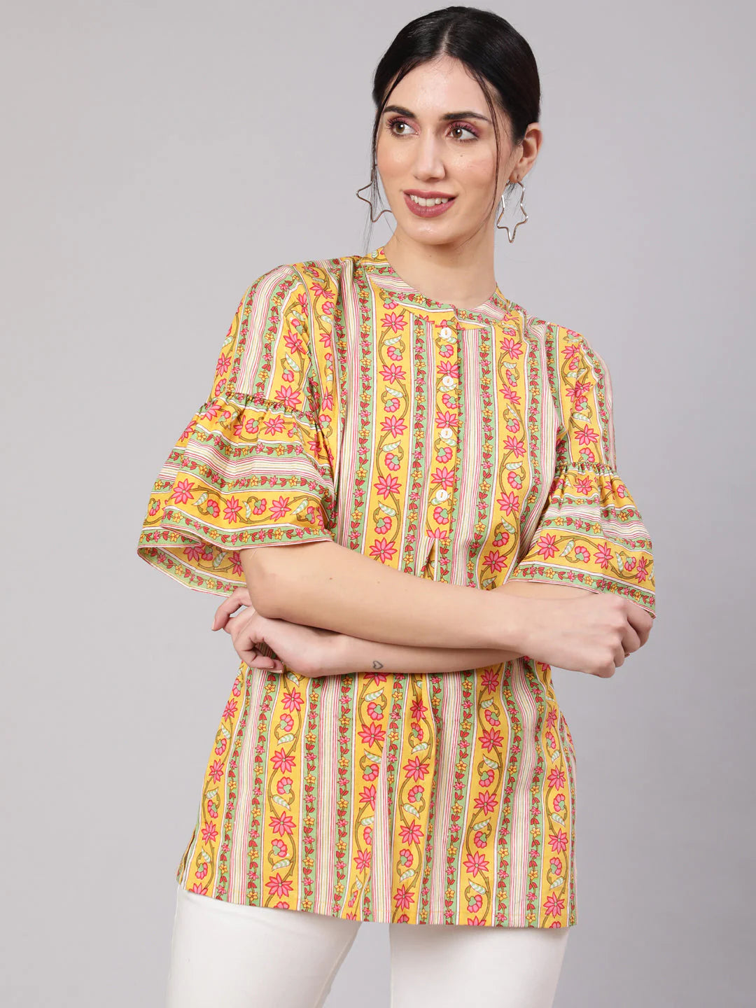 Yellow Cotton Floral Printed Printed Top