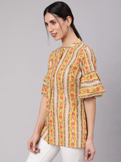 Yellow Cotton Floral Printed Printed Top