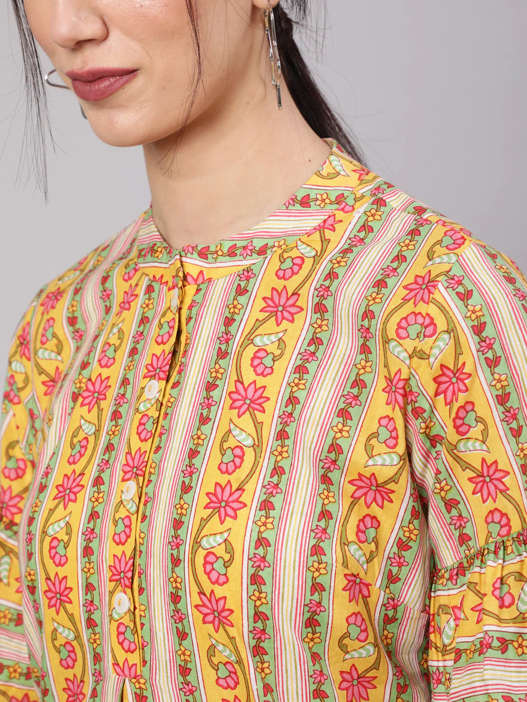 Yellow Cotton Floral Printed Printed Top